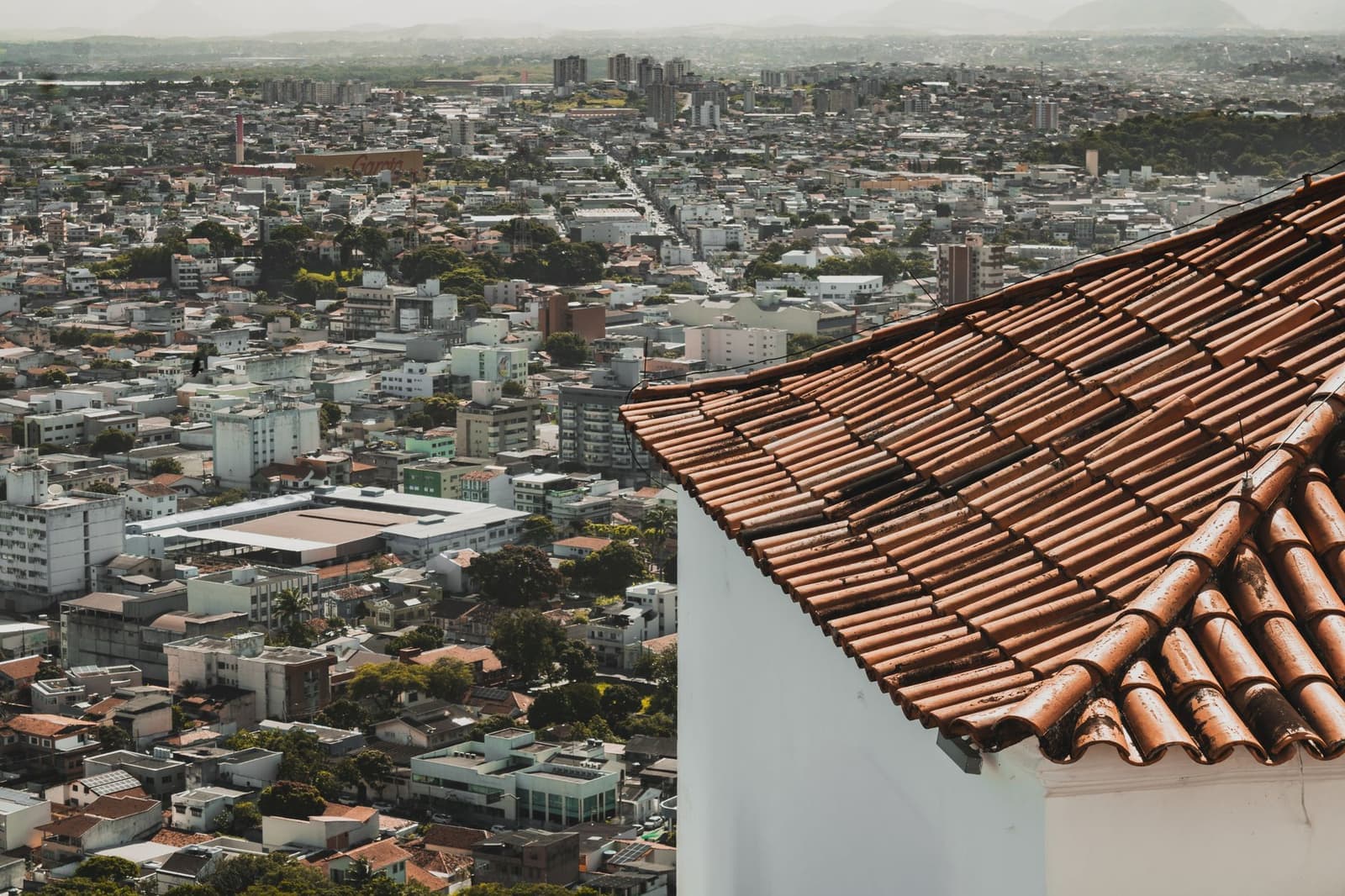 Clay tile roof edge on a white building