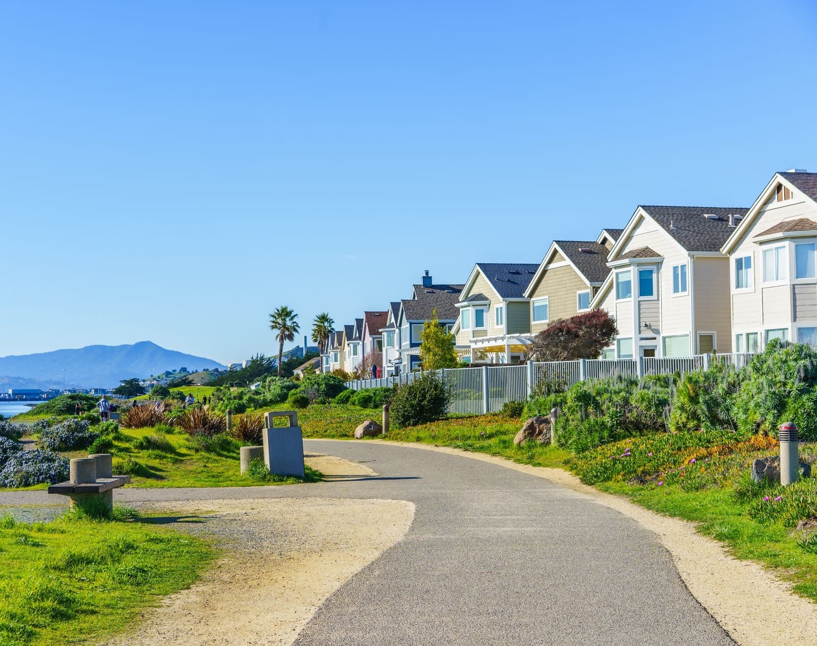 Row of houses with shingle roofs by a path