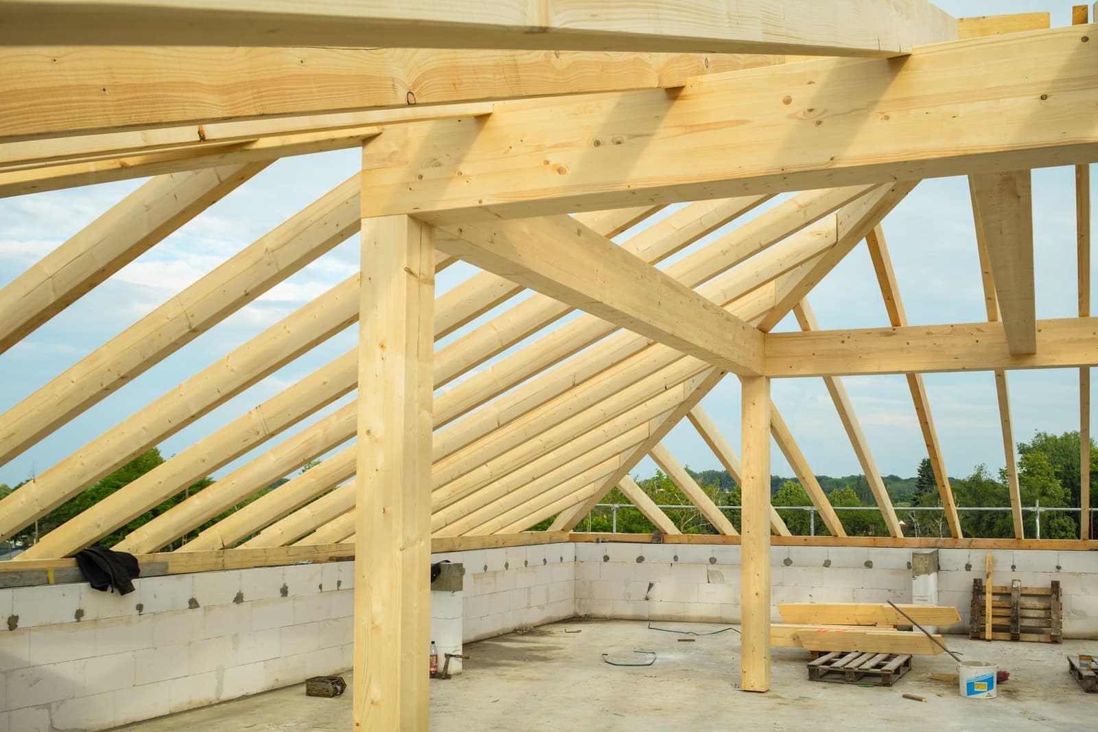 Wooden roof rafters under construction