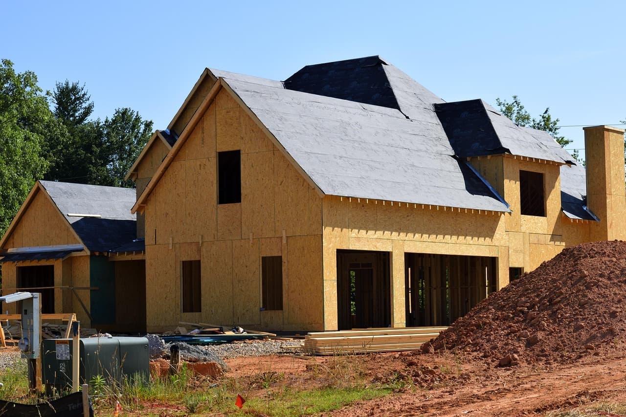 New house with roof sheathing installed