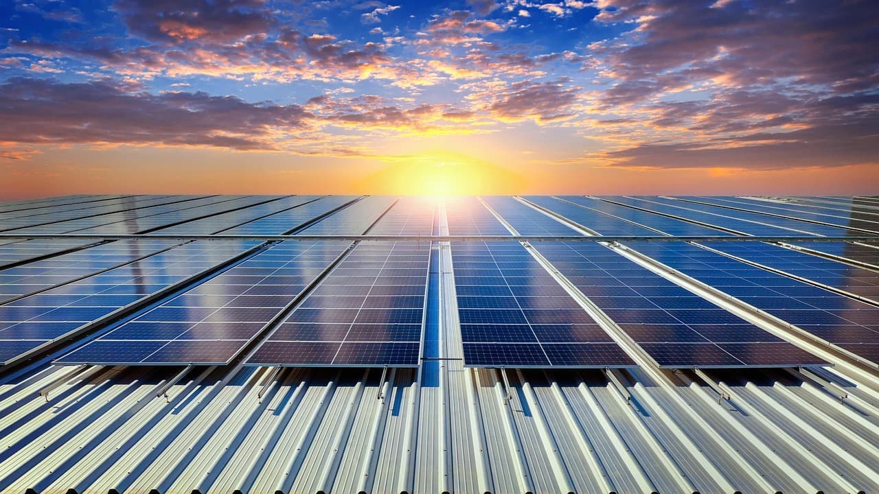 Solar panels on a corrugated metal roof